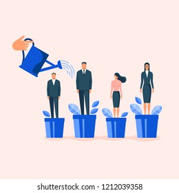 Hand watering employees in flowerpots. Flat design vector illustration concept for career, leadership in a team, professional growth, human resource management isolated on stylish background