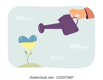 Hand watering growing plant with heart and Ukrainian flag. Care and support for Ukraine from person flat vector illustration. Pray, life concept for banner, website design or landing web page