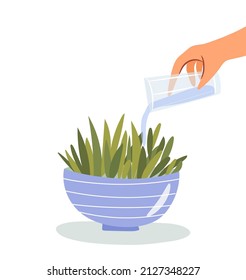 Agua a mano para una planta de hogar. Ilustración vectorial plana