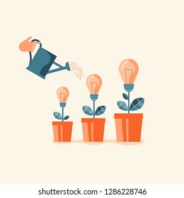 Hand watering light bulbs in flowerpots. Flat design vector illustration concept for creative innovative work, investing into ideas, growing business, innovation isolated on stylish background