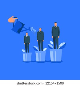 Hand watering men in flowerpots. Flat design vector illustration concept for career, professional growth, supporting employees, coaching, human resource management isolated on bright background