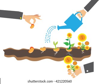 hand watering money plants, concept for making money, investment, getting profit, financial management
