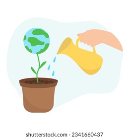 Hand watering planet plant. Vector illustration of potted plant and jug with water drops. Concept for Earth Day, environmental protection design.