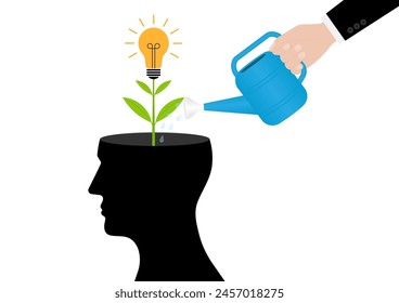 Hand Watering Plant in Human Head. Self Improvement, Self Investment or Growth Mindset  Concept. Vector Illustration. 