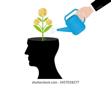 Hand Watering Plant in Human Head. Self Improvement, Self Investment or Growth Mindset  Concept. Vector Illustration. 