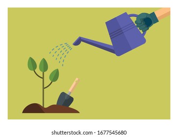 Hand watering plant. Simple flat illustration