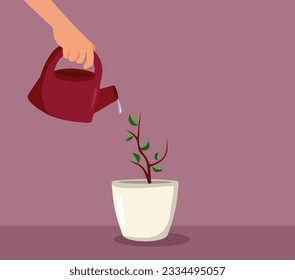 
Hand Watering Plant Using a Sprinkling Can Vector Illustration. Wonderful tree growing after being taking care of 
