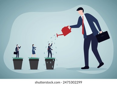 Hand watering plants and employees. Talent development, career growth, training or coaching staff develop skill, employee improvement, HR human resources concept.