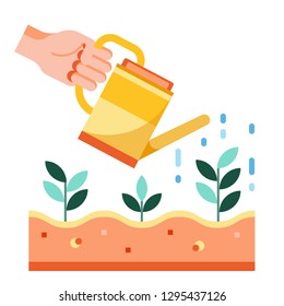 Hand watering plants vector illustration in flat color design