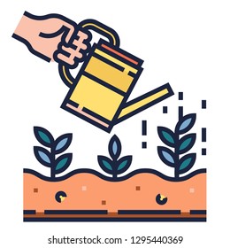 Hand watering plants vector illustration in line color design