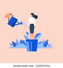 Hand watering woman in flowerpot. Flat design vector illustration concept for career, professional growth, supporting employees, coaching, human resource management isolated on bright background