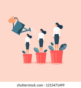 Hand watering women in flowerpots. Flat design vector illustration concept for career, professional growth, supporting employees, coaching, human resource management isolated on bright background