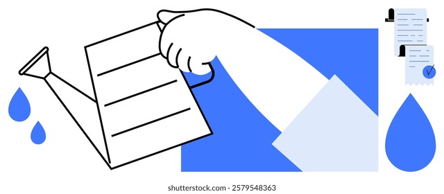 A hand waters a paper document using a watering can. Ideal for themes like nurturing, growth, legal care, contract management, and the importance of documentation. Simple vector style