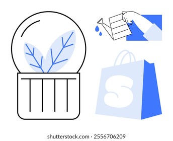 Hand waters a plant inside a glass dome. Shopping bag next to it. Ideal for nature care, online shopping, sustainability, gardening, eco-friendly products. Simple illustration vector