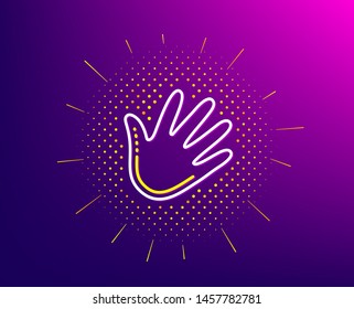 Hand wave line icon. Halftone pattern. Palm sign. Gradient background. Hand line icon. Yellow halftone pattern. Vector