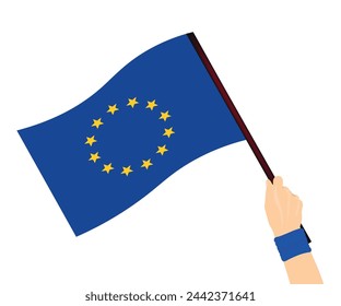 Hand waving European union flag, EU Flag on white isolated Background 