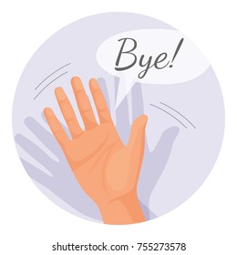 Hand waving goodbye vector illustration in round circle isolated