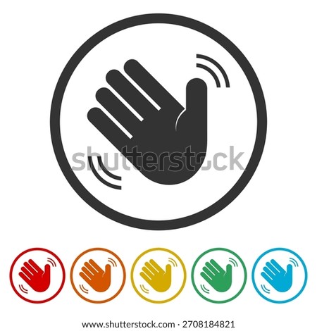 Hand waving hello icon. Set icons in color circle buttons