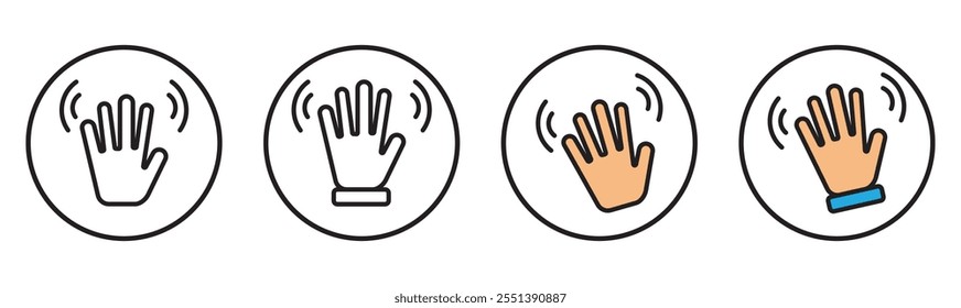 Hand waving icon. Human palm wave icons set. Gesture symbol.545