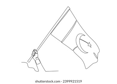 A hand waving a large Pakistani flag. Pakistan Day one-line drawing
