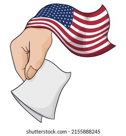 Hand With Waving U.S.A. Flag, Holding A Vote Ready To Suffrage During American Elections Season.