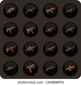 Hand weapons color vector icons on dark background for user interface design