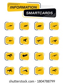 Hand weapons color vector icons on information smart cards for user interface design