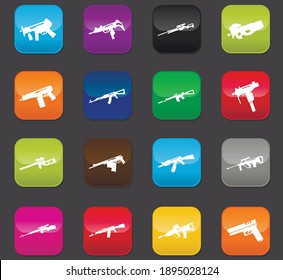 Handwaffen-Symbol-Set für Webseiten und Benutzeroberfläche. Farbige Tasten auf dunklem Hintergrund