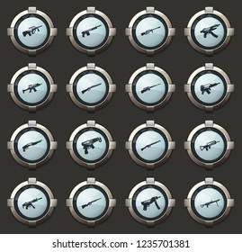 Hand weapons vector icons in the stylish round buttons for mobile applications and web