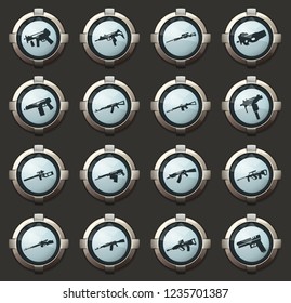 Hand weapons vector icons in the stylish round buttons for mobile applications and web