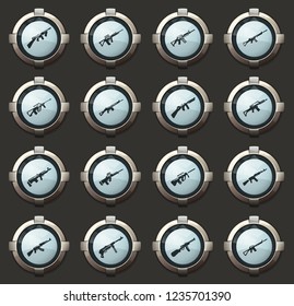 Hand weapons vector icons in the stylish round buttons for mobile applications and web