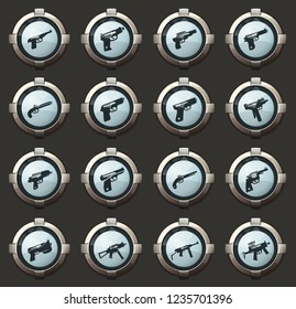 Hand weapons vector icons in the stylish round buttons for mobile applications and web