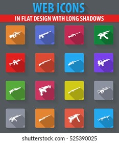 Hand weapons web icons in flat design with long shadows
