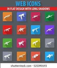 Hand weapons web icons in flat design with long shadows