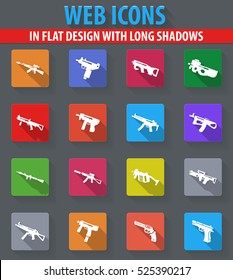 Hand weapons web icons in flat design with long shadows