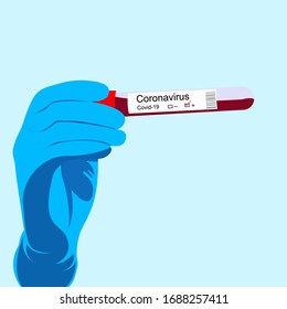 Hand Wear Glove Holding Blood Test Tube With Covid - 19 Code For Corona Virus In Cartoon Flat Illustration Isolated Vector