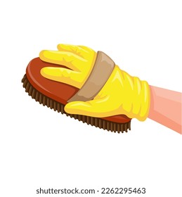 Hand wear latex glove holding brush for grooming horse or cleaning dirt symbol cartoon illustration vector 