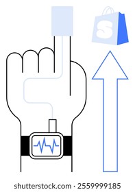 A hand with a wearable device displaying health data a finger attached to a pulse sensor a shopping bag and an upward arrow. Ideal for health technology online shopping wearable devices healthcare