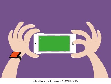 A hand with wearable tech touches the button of the phone camera  to take a picture. Editable Clip art.