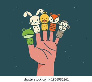 Hand wearing 5 finger puppets; frog, rabbit, duck, fox, monkey. Animal finger puppets vector illustration