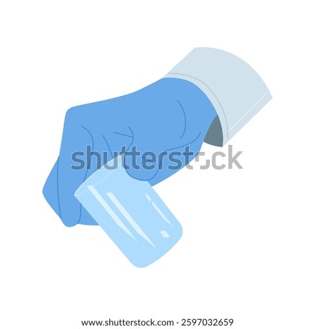 A hand wearing blue gloves is carefully holding a laboratory test tube intended for conducting scientific experiments