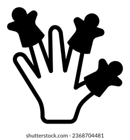 Hand wearing finger puppets solid icon, theater concept, puppet theatre vector sign on white background, glyph style icon for mobile concept and web design. Vector graphics