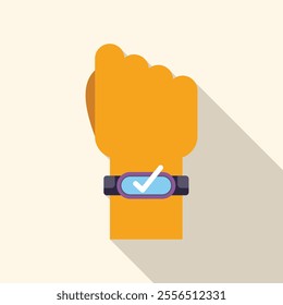 Hand wearing a fitness tracker with a check mark symbol on the screen