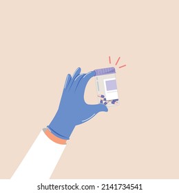 Hand wearing glove and holding pill bottle, pharmacy service concept.