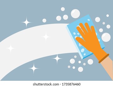 Hand wearing glove holding sponge with foam and bubbles cleaning window or wall. Vector Illustration. Idea for cleaning house to protect from covid-19, bacteria and diseases or cleaning service.