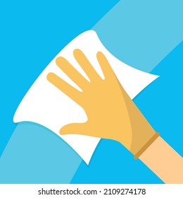 Hand wearing glove holding sponge with foam and bubbles cleaning window or wall. Vector Illustration.