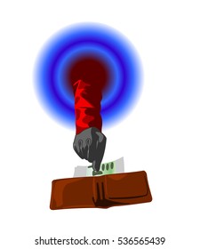 Hand wearing glove and red sleeve takes money from brown leather wallet color illustration