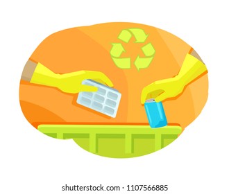 Hand wearing gloves throwing away aluminum can, metal and plastic waste put in containers, recycling sign vector illustration, isolated on white