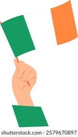 Hand wearing green sleeve holding the national flag of Ireland. Vector illustration with transparent background.