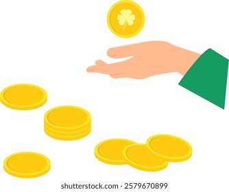 Hand wearing green sleeve holding gold coin with shamrock image on the backgound of scattered gold coins. Vector illustration with transparent background.